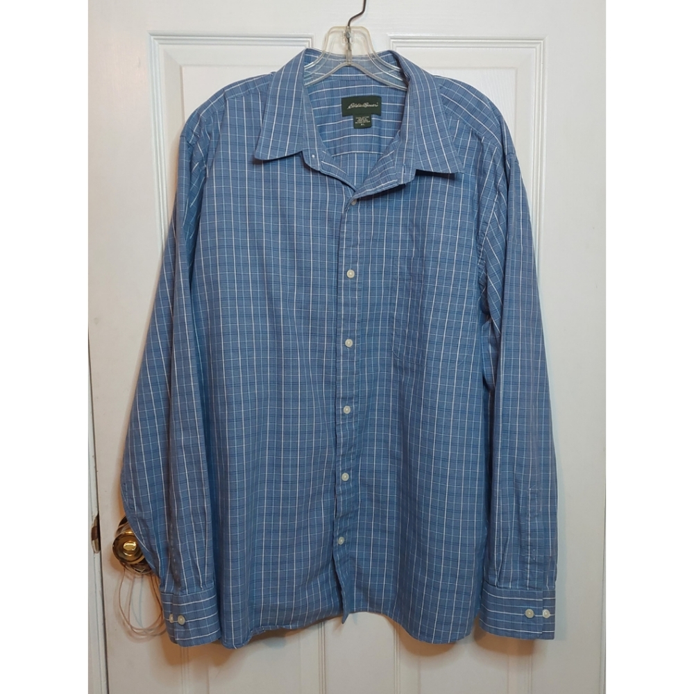 Eddie Bauer Blue White Plaid Button Up Long Sleeve Business Casual Size XLarge